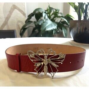 VTG Garuglieri Red Leather Belt 27-31” Butterfly Buckle Italy Y2K Boho Western